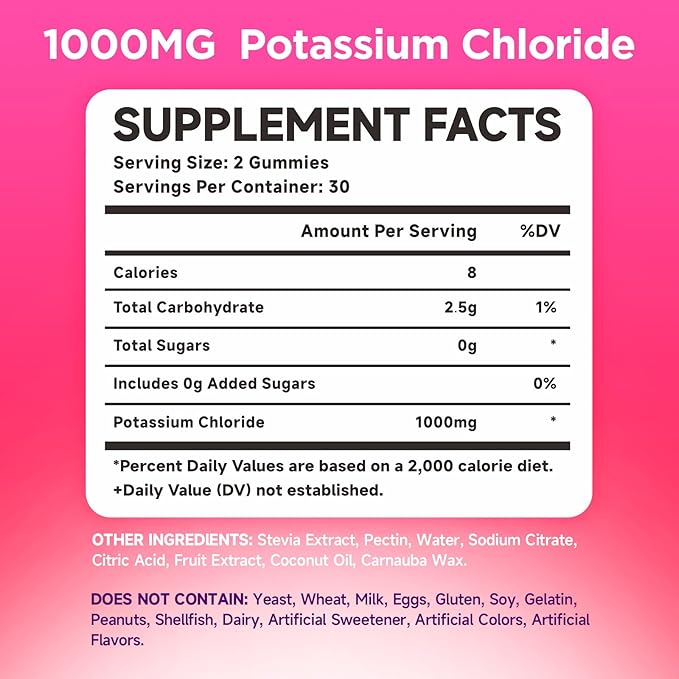 Potassium Gummies, Potassium Chloride 1000mg for Adults, Sugar-Free Potassium Supplement Gummies Support Electrolyte Balance & Leg Cramps for Women & Men, Raspberry Flavor, 60 Count