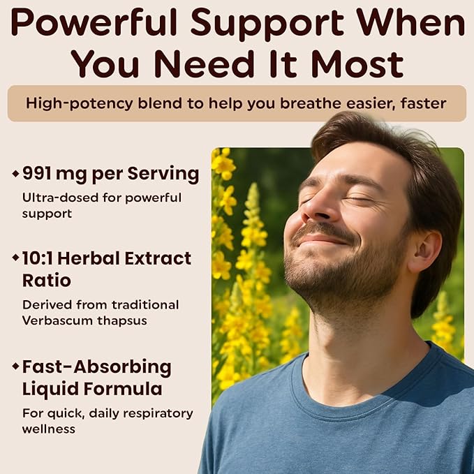 Lung Naturals Mullein Drops for Lungs, 10:1 Concentrated Mullein Leaf Extract for Respiratory Health, Natural Strawberry & Lemon Flavor, Alcohol-Free, 2-Month Supply, 60 Servings