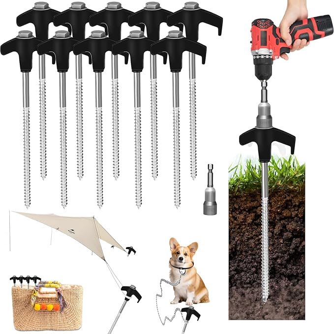 8" Screw in Tent Stakes 12PCS - Ground Anchors Screw - Screw in Tent Stakes Heavy Duty - Tent Pegs Camping Stakes - Hex Pegs Drillable Tent Stakes and Hexagon Head Drive and Storage Box (Black)