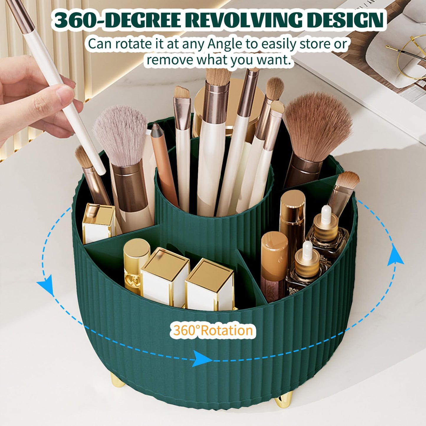 360° Rotating Makeup Organiser, Make Up Brush Holder with 5 Compartments, Desk Storage Container for Bedroom Dressing Table Cosmetics Organizer, Office Stationery Storage, Desktop Pen Holders (Green)