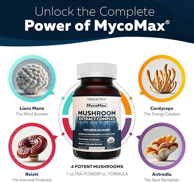 MycoMax Mushroom Complex - 70% Beta Glucans, Max Potency Mushroom Supplement, US Grown + Ultrasonic Extraction - Lions Mane, Cordyceps, Reishi & More - Cognition, Immunity, Energy - 60 capsules