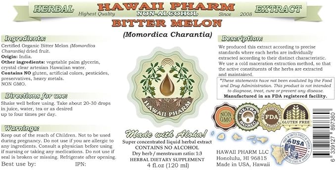 Bitter Melon Alcohol-Free Liquid Extract, Organic Bitter Melon (Momordica Charantia) Dried Fruit Glycerite Hawaii Pharm Natural Herbal Supplement 2 oz