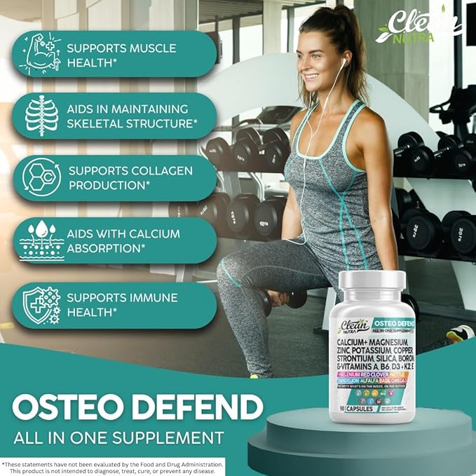 Clean Nutraceuticals Calcium Magnesium Zinc Supplement with Potassium, Copper, Strontium, Silica, Vitamin D3 K2, Boron, Vitamin B1 B12 Red Clover Herb Alfalfa Basil Pills for Men & Women Osteo Defend