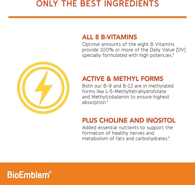 BioEmblem B Complex Vitamins | Complete B-Vitamin Formula with Active Methylated Forms | Supports Energy, Mental Clarity & Immune Health | Non-GMO, Vegan, Soy-Free, Gluten-Free |270 Capsules