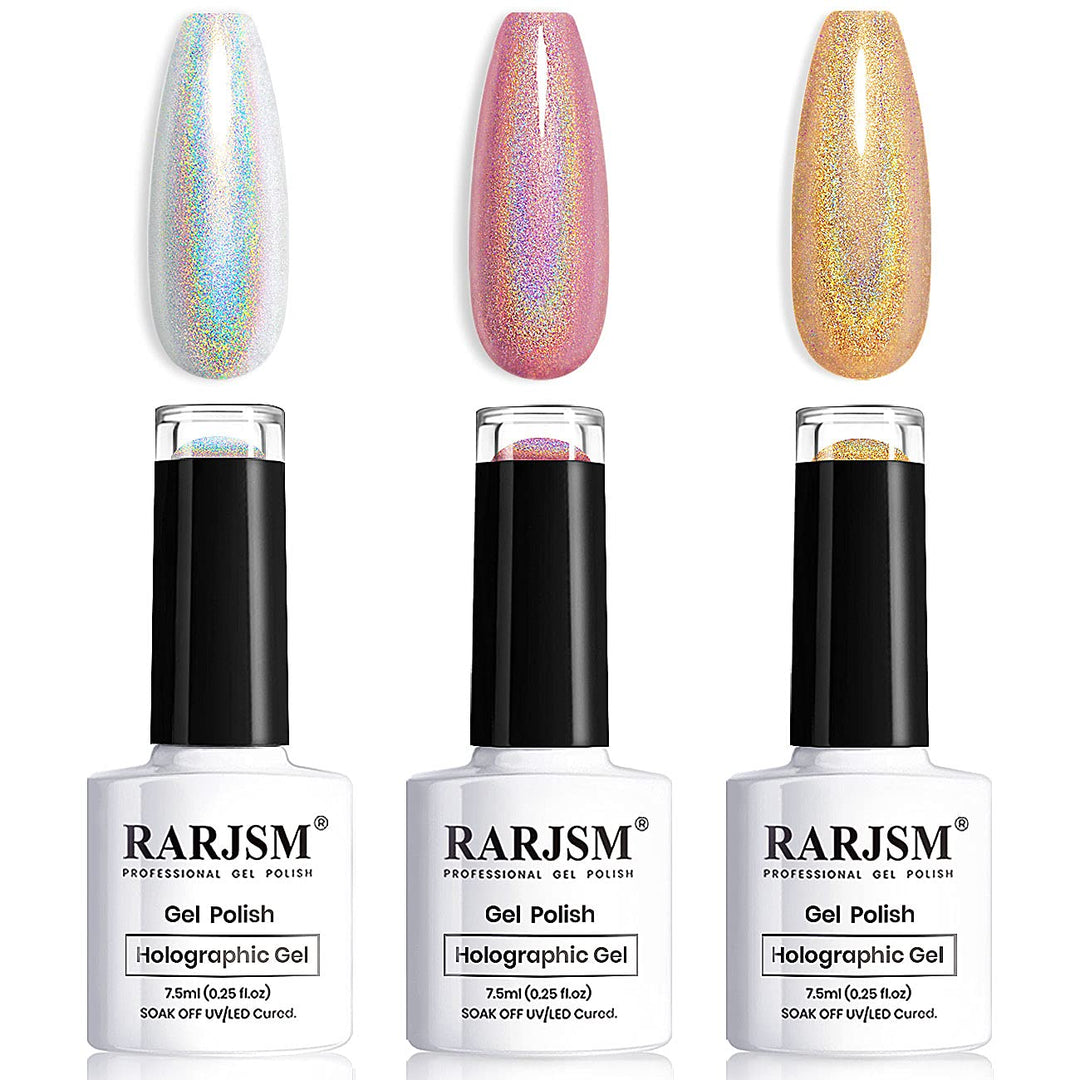 Rarjsm Holographic Gel Nail Polish Set 3Pcs Rose Gold Silver Gorgeous Glossy Soak Off Nail Gel With Glitter Mermaid Unicorn Effe