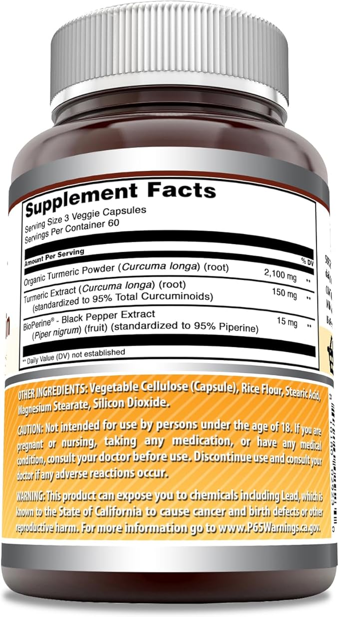 Amazing Formulas Turmeric Curcumin with Bioperine Supplement | 2250 Mg per Serving | Veggie Capsules | Non-GMO | Gluten-Free | Made in USA (1 Pack, 180 Count)