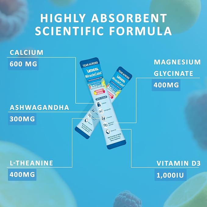 MiracleCalm Drink Mix Powder, Calm Magnesium Calcium Supplement, Cortisol Drink Powdered for Sleep, Relaxed & Focus with Easily Absorbed L-Theanine, Vitamin D3, Ashwagandha, Sugar Free
