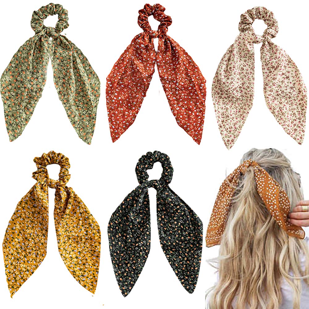 5 Pcs Floral Hair Scarf With Ribbon Bow For Woman Girls, Bow Scrunchies For Hair, Hair Scrunchies With Bow, Chiffon Floral Scrun