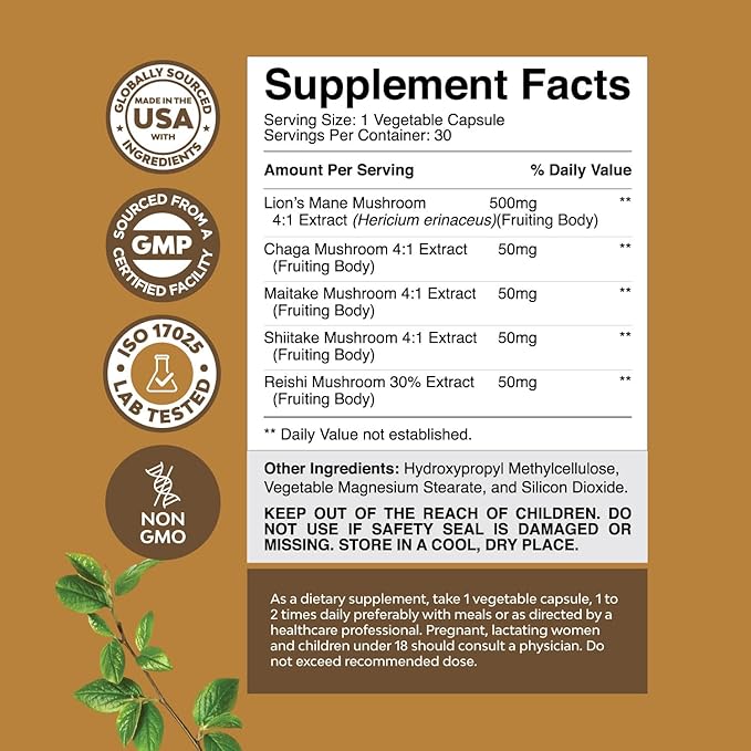 Advanced Lion's Mane Mushroom Supplement - Lions Mane Supplement Capsules with Reishi, Chaga , Maitake & Shiitake for Brain Health, Memory Support & Focus - Nootropic for Mental Clarity - 30 Caps