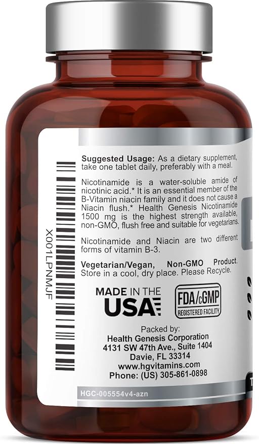 B-3 Nicotinamide 1500 mg 60 Tablets Maximum Strength - Nicotinic Amide Niacin Natural Flush-Free Vitamin Formula - Supports Skin Cell Health