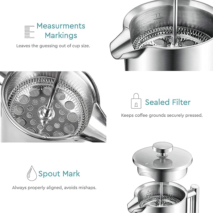 Belwares French Press Coffee Maker 50 Oz – Insulated Coffee Press Stainless Steel 304 Large – Double Wall, & 4 Level Filtration System (1.5 Liter) – Silver