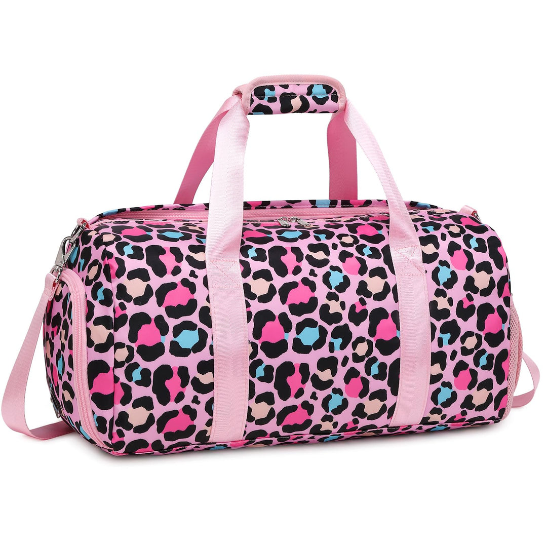 Duffle Bag for Teens Girls Teen Dance Bag Leopard Print Pink Gym Bag with Shoes Compartment & Wet Separation Waterproof Sports Overnight Travel Bag