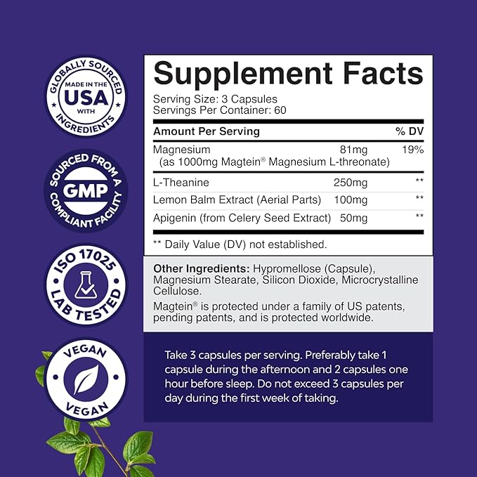 High Absorption Magnesium Sleep Supplement - Magnesium Threonate Supplement with Apigenin 50mg L-Theanine 250mg per Serving Plus Lemon Balm Extract - Melatonin-Free Calm for Sleep (2 Month)