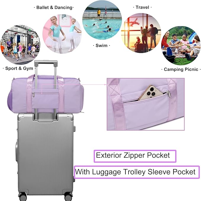 Dance Bag for Girls Sports Duffel for Girls Teen Duffle Bag Girls Weekender Bag Girls Overnight Bag Teen Gym Bag Travel Ballet Bags Yoga Bags Cheer Bag with Shoe Compartments（Purple）
