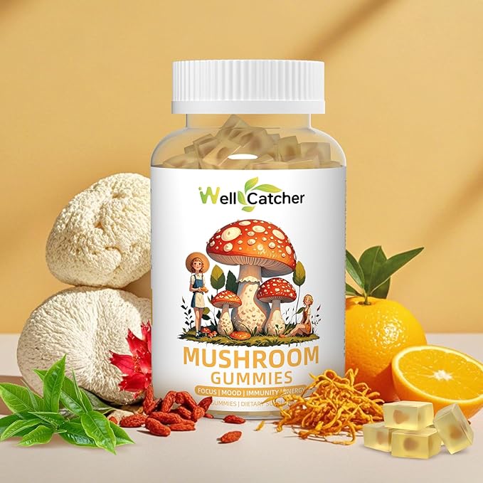 Lion's Mane Mushroom Gummies for Adults - Mushroom Complex Supplement Gummies for Kids Focus And Energy Sugar Free With Cordyceps Green Tea, Mood Gummies Organic Vegan Non Gmo Orange Flavor 60ct