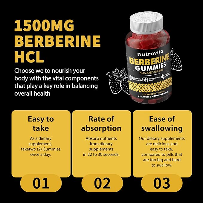 Berberine Gummies with Ceylon Cinnamon 1500mg High Potency Berberine HCL Supplement for Immune and Metabolism Support, Sugar Free Organic Berberine Gummies Strawberry Flavor-1PACK
