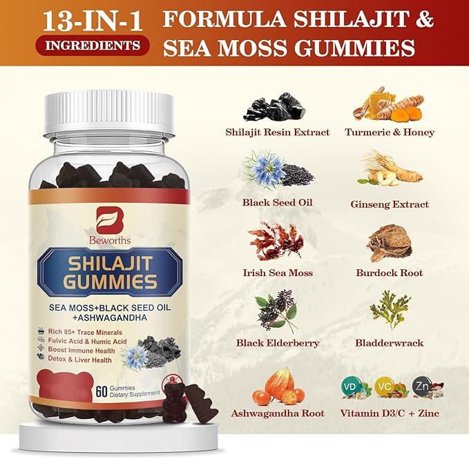 Shilajit Resin Gummies, Shilajit Irish Sea Moss Supplement with Ashwagandha, Black Seed Oil, Panax Ginseng, Honey, Shilajit Gummies with 85+ Trace Minerals & Fulvic Acid for Energy, Digestion Health