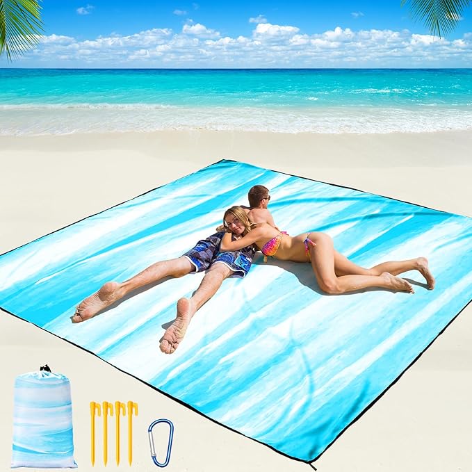 Beach Blanket Waterproof Sandproof Beach Mat 79" X 83" /10'x9'for 2-8 Adults Quick Drying Outdoor Picnic Mat Beach Accessories for Travel, Camping, Hiking