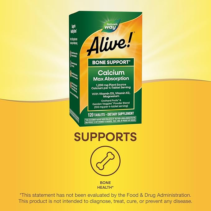 Nature's Way Alive! Calcium Max Absorption, Bone Support*, Plant Source Calcium, Vitamin D3 & K2, Magnesium, 120 Tablets (Packaging May Vary)