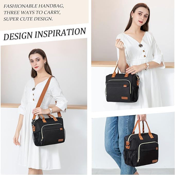 Black Lunch Box for Women Insulated Lunch Bag for Work - Adult Stylish Lunch Tote Bag for Shopping Soft Cooler for Beach Picnic Travel