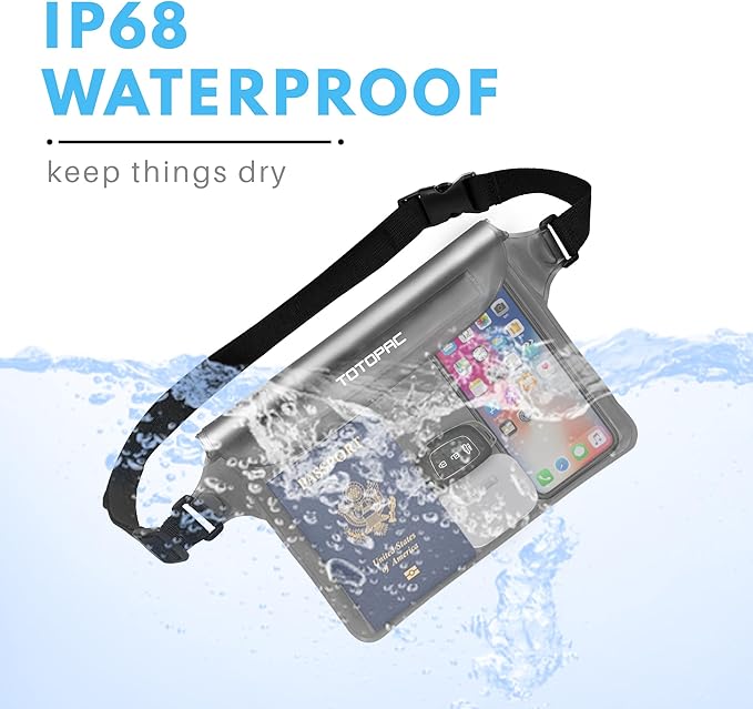 2-Pack Waterproof Fanny Pack, Phone Pouch with Waist Strap, 9x6.7 Inch Dry Bag for Phone, Cash, and Valuables – for Swimming, Kayaking, Boating, Snorkeling, and Water Sports (2, Grey + White)