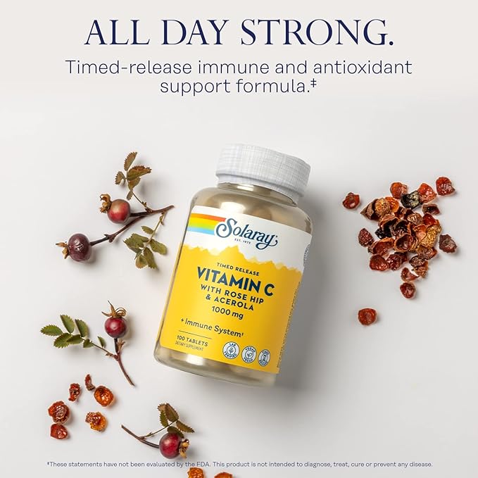 SOLARAY Vitamin C 1000mg Timed Release Capsules with Rose HIPS & Acerola Bioflavonoids, Two-Stage for High Absorption & All Day Immune Function Support, 60 Day Guarantee (100 Servings, 100 Tablets)