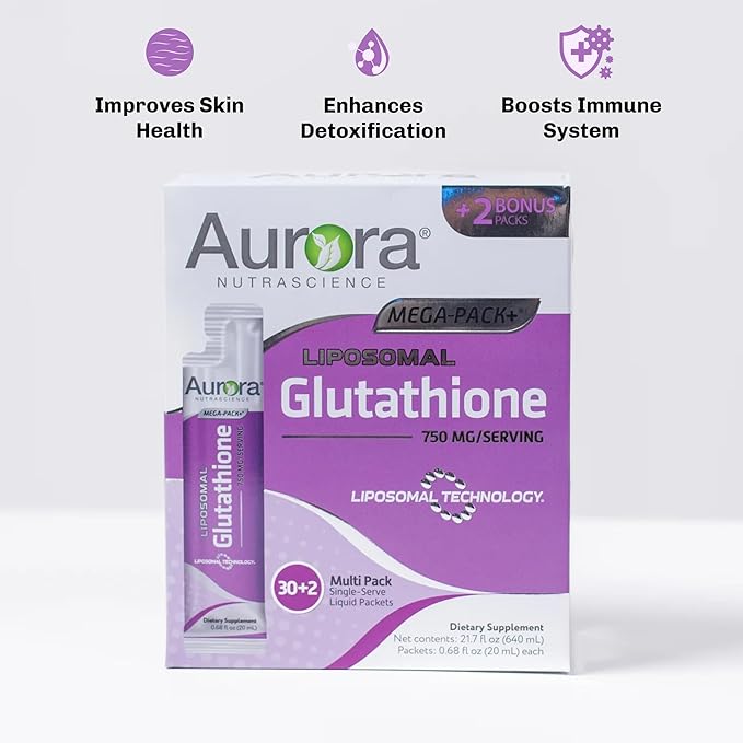 Aurora Nutrascience Mega-Liposomal Liquid Glutathione, Immune & Antioxidant Gut Health Support Supplement, 750 mg per Serving, Non-GMO, Sugar-Free, 32 Single Serve Packets