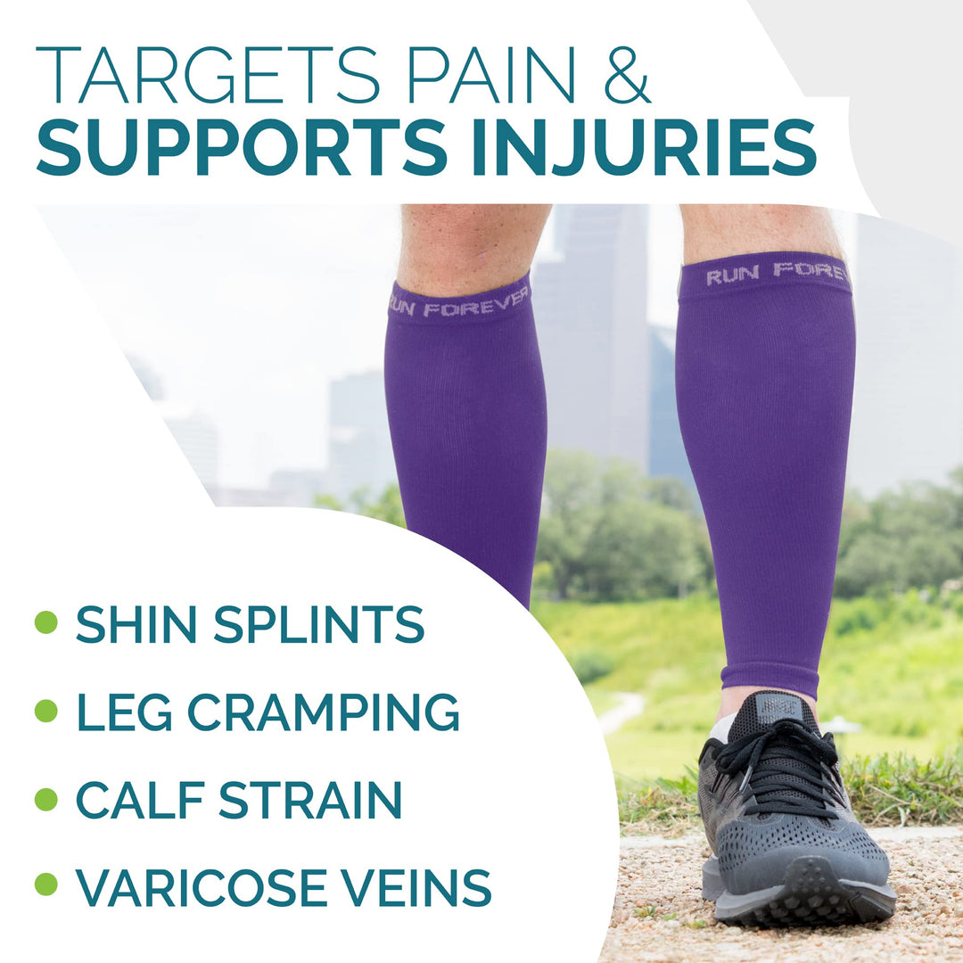 Run Forever Calf Compression Sleeves for Men and Women - Leg Compression Sleeve - Footless Compression Socks for Runners, Shin Splints, Varicose Vein & Calf Pain Relief - Purple Small