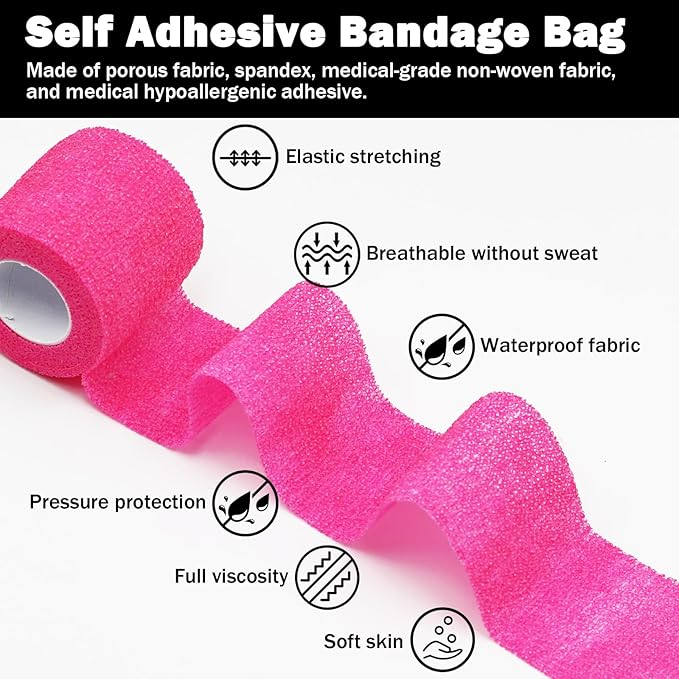 Bandages First Aid Tape Cohesive Bandage First Aid Bandages Cohesive Wrap Adhesive Bandage Self Adherent Cohesive Wrap Bandages Colorful Bandages (Bright Pink, 2-Inch)