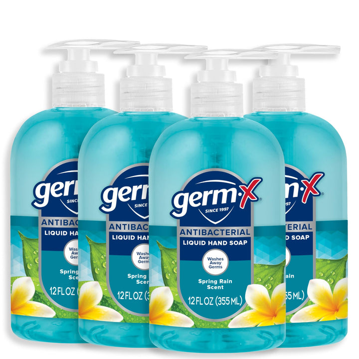 Germ-X Antibacterial Hand Soap, Moisturizing Liquid Hand Wash for Kitchen or Bathroom, pH Balanced & Dermatologist Tested, Spring Rain, 12 oz Pump Bottle (Pack of 4)