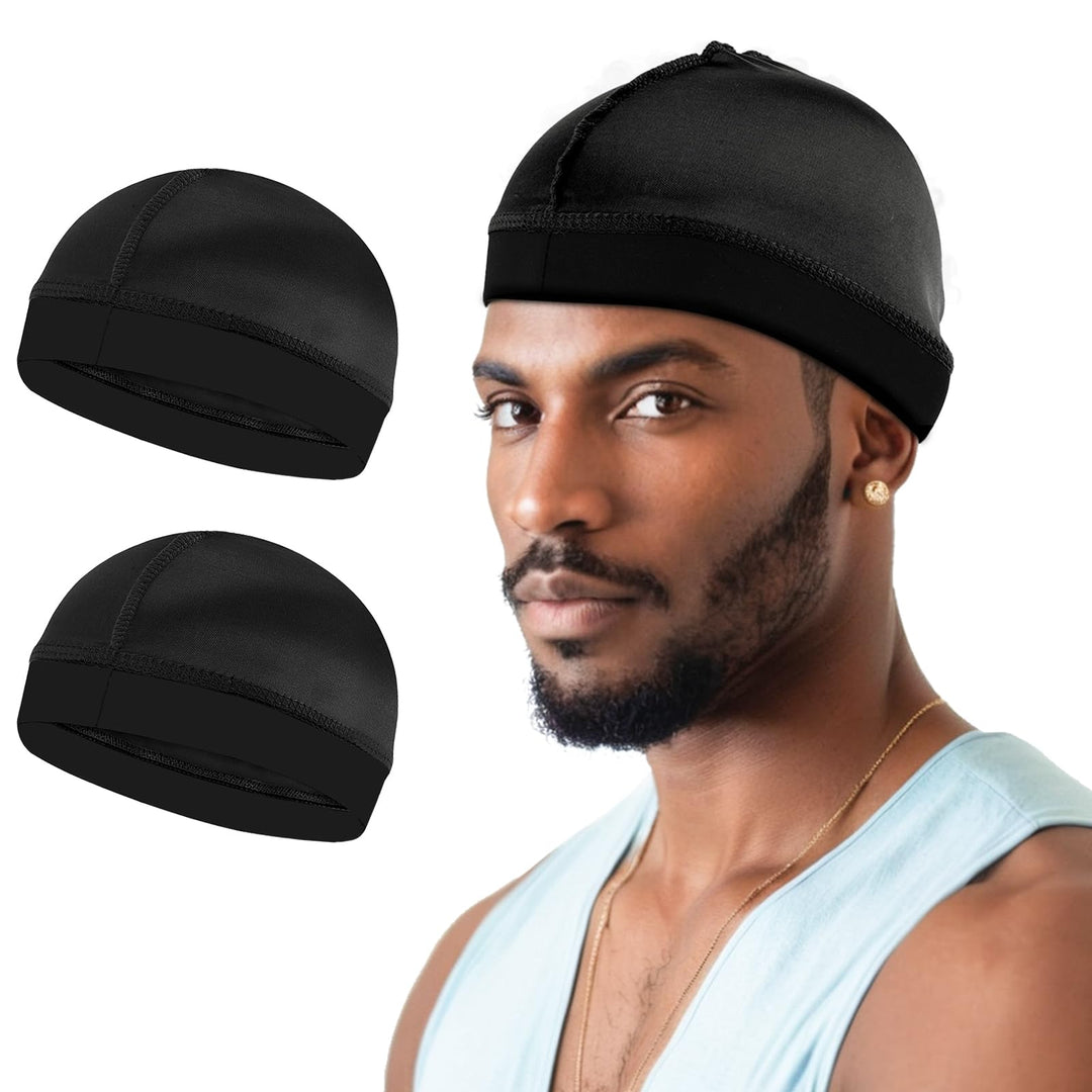 2Pcs Wave Cap Silky Stocking Wave Caps For Men, Good Compression Over Durag(Black)