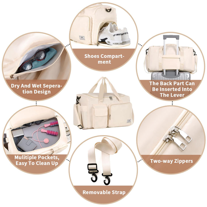 FIORETTO Women's Water-Resistant Gym Duffle Bag with Shoes Compartment, 37L Capacity, Multi-Functional, Ideal for Travel, Gym, Sports, Weekender, with Toiletry Bag, Beige