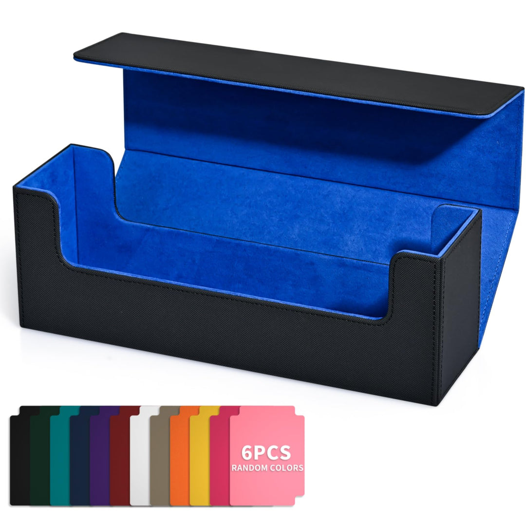 UAONO Card Storage Box for Trading Cards, 600+ PU Leather Commander Card Deck Case, Magnetic Closure Card Holder Fits for Magic Game Cards (Black&Blue)