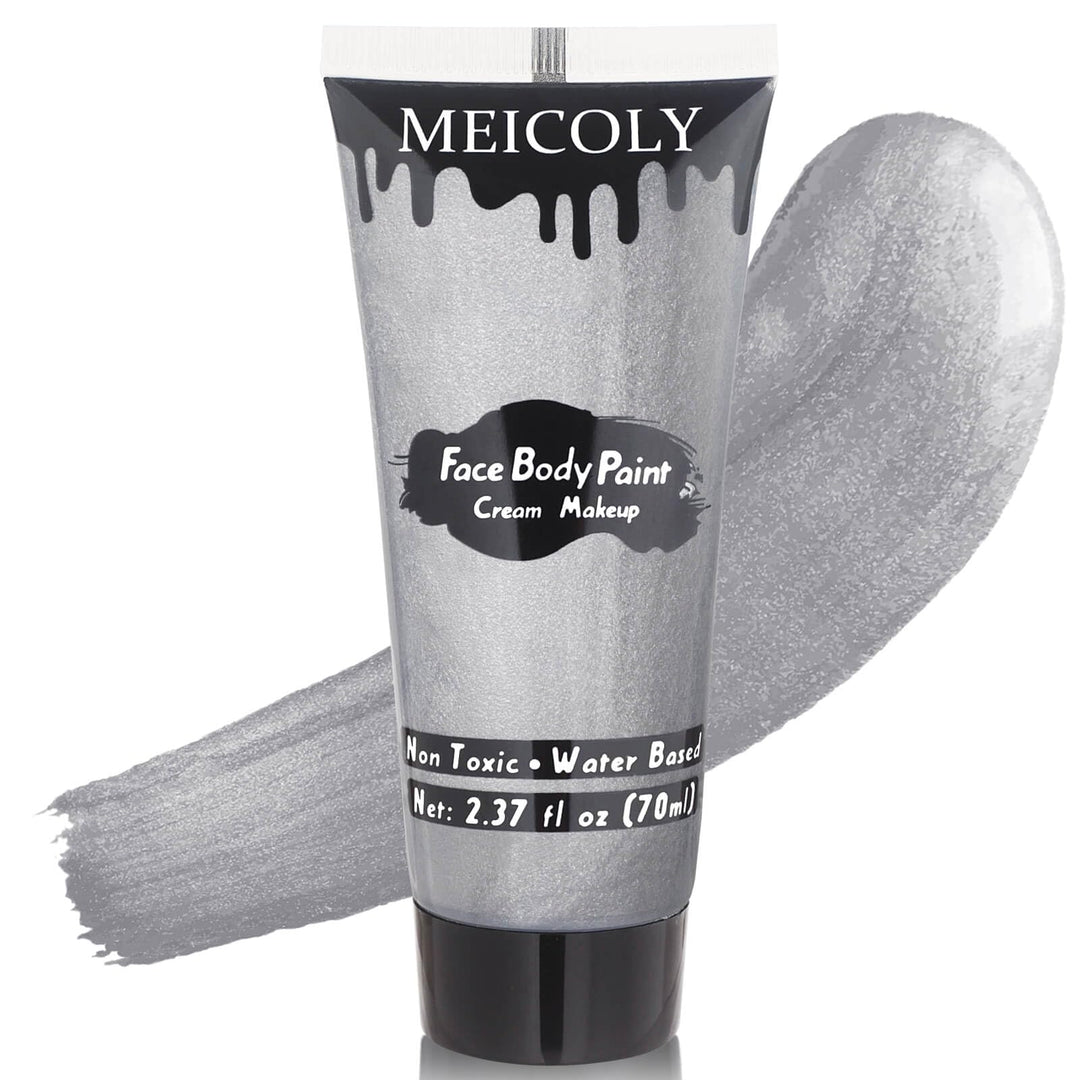 MEICOLY Cream Metallic Silver Face Body Paint,2.37Oz Large Tube Water Based Full Body Paint for Adults and Kids,Professional Silver Face Paint for Halloween Tin Man SFX Special Effects Cosplay Makeup