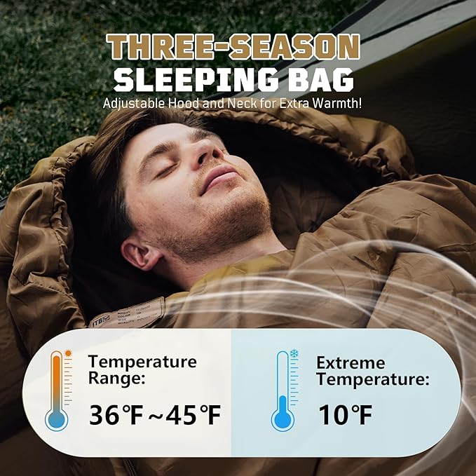 Warm Weather Sleeping Bag for Camping, 36℉ to 45℉ Backpacking Sleeping Bags for Adults with Compression Sack for Camping, Hiking, Hunting and Outdoor Travel