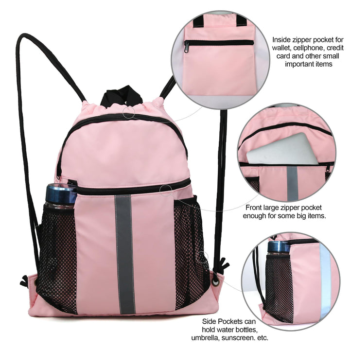 BeeGreen Camel Drawstring Backpack Bag with Shoe Compartment X-Large Gym Sports String Cinch Sackpack with Front Inside Zipper Pockets 75D