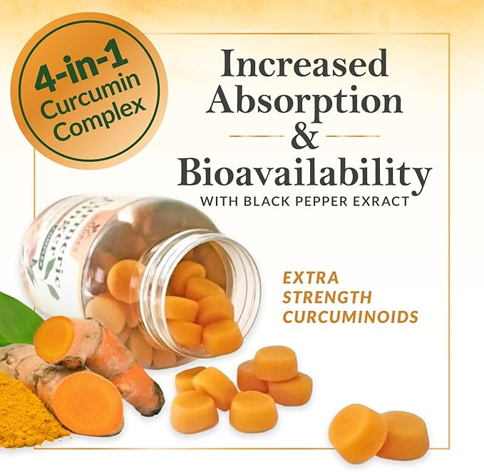 Turmeric Gummies with Black Pepper & Ginger for Best Absorption, 95% Curcuminoids Tumeric Curcumin Gummy, Nature's Herbal Extract Joint Support Supplement, Vegan Non-GMO, Peach Flavor - 60 Gummies