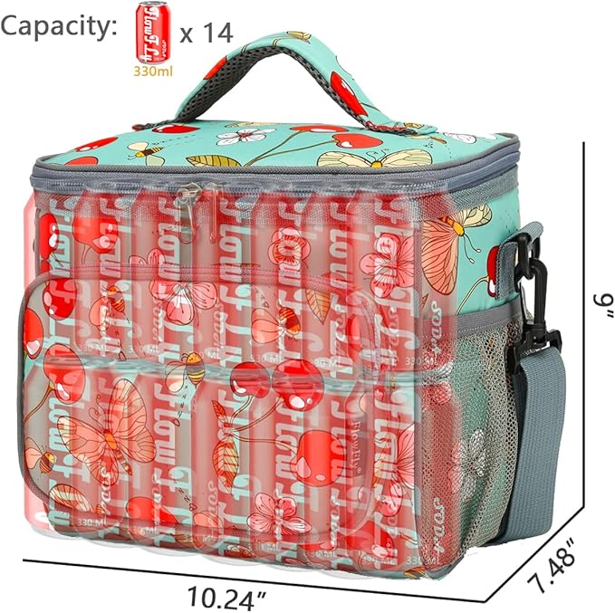 FlowFly Insulated Reusable Lunch Bag Adult Large Lunch Box for Women and Men with Adjustable Shoulder Strap,Front Zipper Pocket and Dual Large Mesh Side Pockets,Cherry