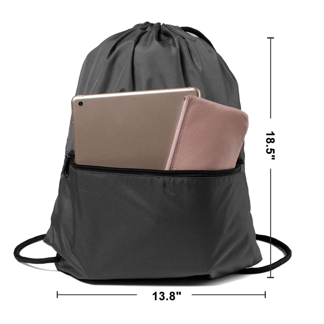 BeeGreen Black-Drawstring-Backpack-Gym-Bag with Front Zipper Pocket and Inner Pocket, Large 18.5" L x 13.8" W String Sackpack Cinch Sack Sports Workout Bag For Men Women