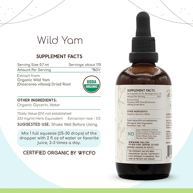 Wild Yam B120 USDA Organic Tincture | Alcohol-Free Extract, High-Potency Herbal Drops | Certified Organic Wild Yam (Dioscorea Villosa) Dried Root (4 oz)