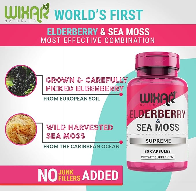 Elderberry and Sea Moss Supreme Capsules - Natural Black Elderberries with Wildcrafted Sea Moss Pills - 90 Capsules - Antioxidants - Herbal Supplements - Immune Support Supplement
