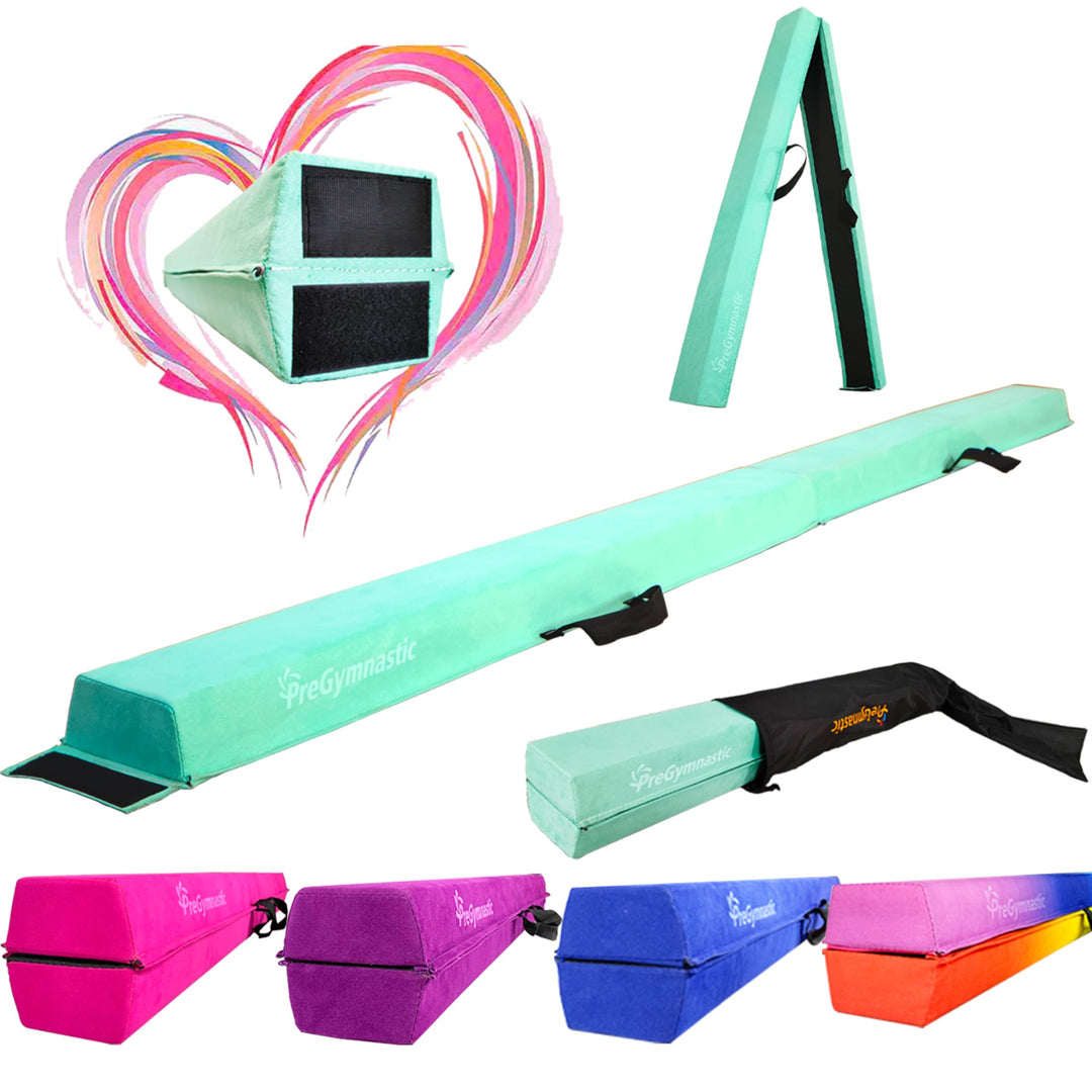 PreGymnastic 6FT/8FT/9.5FT Folding Balance Beam for Kids 3-12,Foldable Gymnastics Floor Beam-Extra Firm Suede Cover with Carry Bag for Home-Gym Equipment for Toddler Teenage (Mint Green, 6FT)