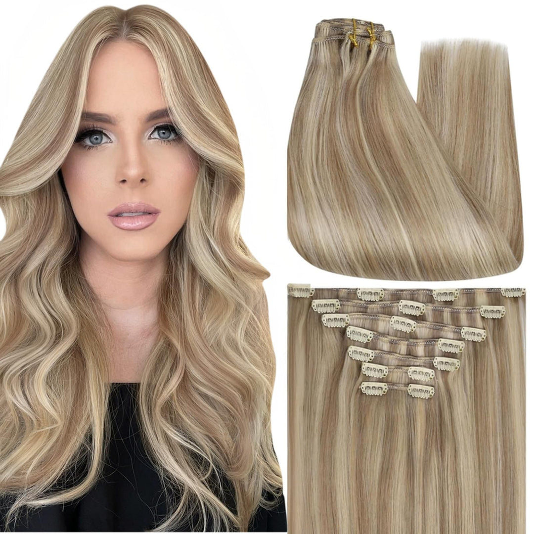 Full Shine Clip in Extensions Human Hair Blonde Highlight Thick Clip in Hair Extensions Dark Ash Blonde Mix Light Blonde Real Human Hair Extensions Clip ins Extra Volume 16 Inch 7 Pcs 135 G