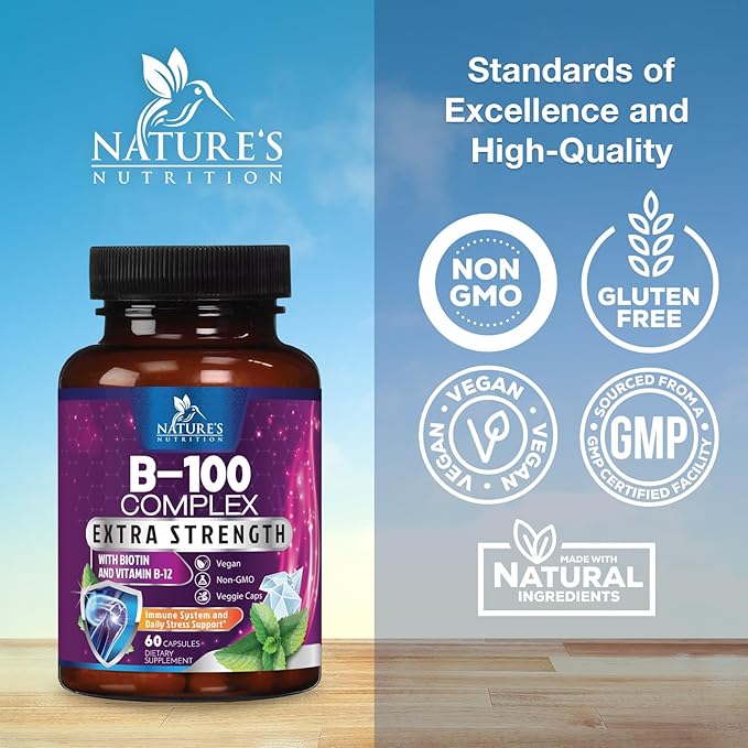 Vitamin B Complex Capsules with Vitamins B6 B12 B100 C Biotin Folate & Folic Acid - Supplement for Heart, Brain, & Nerve Support - Super Complete B-Complex for Immune & Energy Support - 60 Capsules