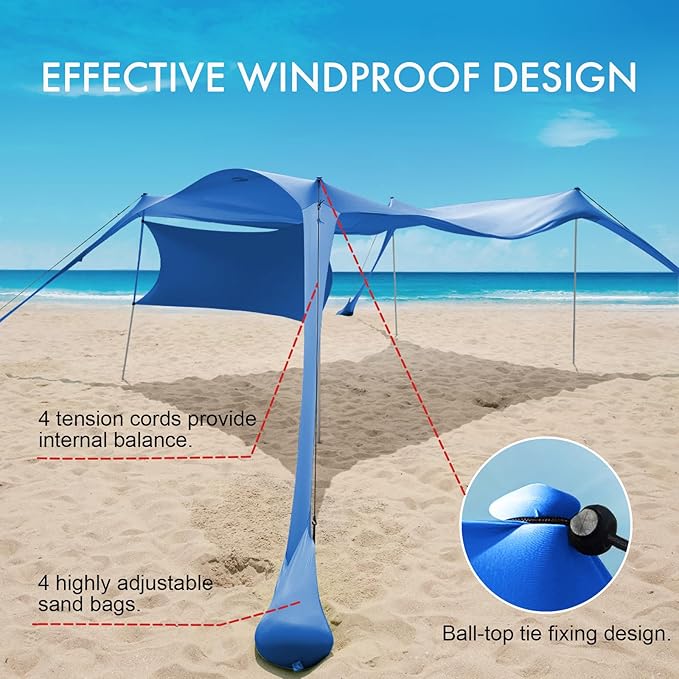 Beach Canopy Tent Shade with Sidewalls 10x10FT, 6.6FT Tall, UPF50+ Sun Shelter, Windproof & Water Resistant, Includes Guylines Sand Shovel Stability Poles, Easy Up for Beach Outdoor Camping Backyard