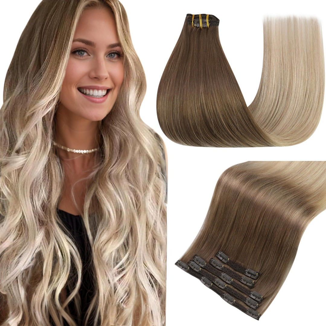 Easyouth Ombre Clip In Hair Extensions Real Human Hair Balayage Hair Extensions Clip Ins Light Brown To Ash Blonde Mix Platinum