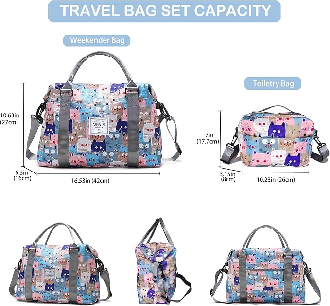 Travel Duffle Bag Weekender Overnight Bag Gym Tote with Wet Pocket for Women Girls Workout Duffel Bag Water Resistant (W-Cute Dinosaurs+Toiletry Bag)