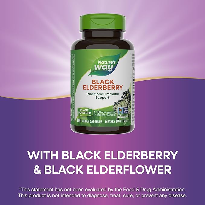 Nature's Way Black Elderberry Supplement, Traditional Immune Support*, With Elderberry and Elderflower, Plant Powered, 100 Capsules (Packaging May Vary)