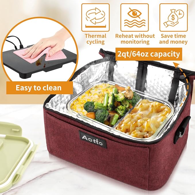 Aotto Portable Oven, Electric Lunch Box Food Heater - 12V/24V/110V 3-in-1 Car Food Warmer - Heated Lunch Box for Adults - Cook, Reheat & Keep Meals Warm for Car, Truck, Travel, Work, Home - Red