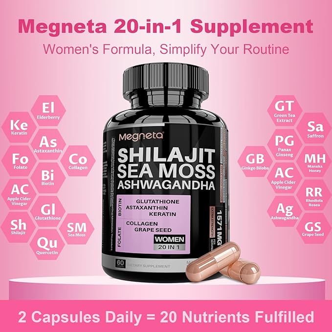 All-in-One Sea Moss, Shilajit, Ashwagandha & Glutathione Supplement for Women, Boosts Energy, 60 Capsules